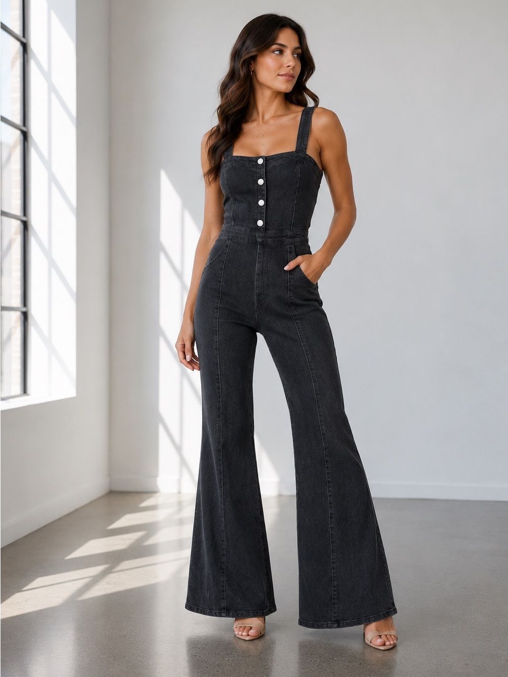 237. Sleeveless Midnight Flare Denim Jumpsuit